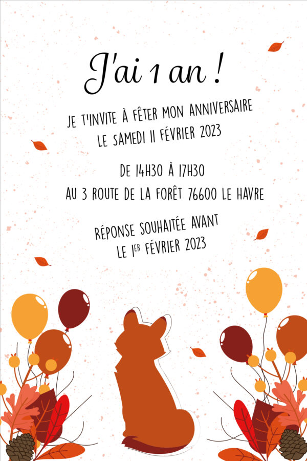 Carton d'invitation anniversaire thème forêt renard